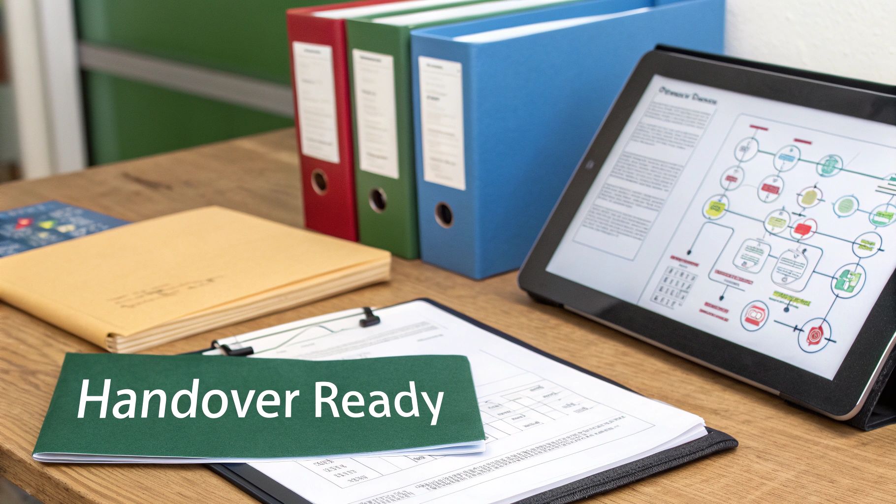 An office desk with colorful binders, a tablet showing a diagram, and a 'Handover Ready' folder.