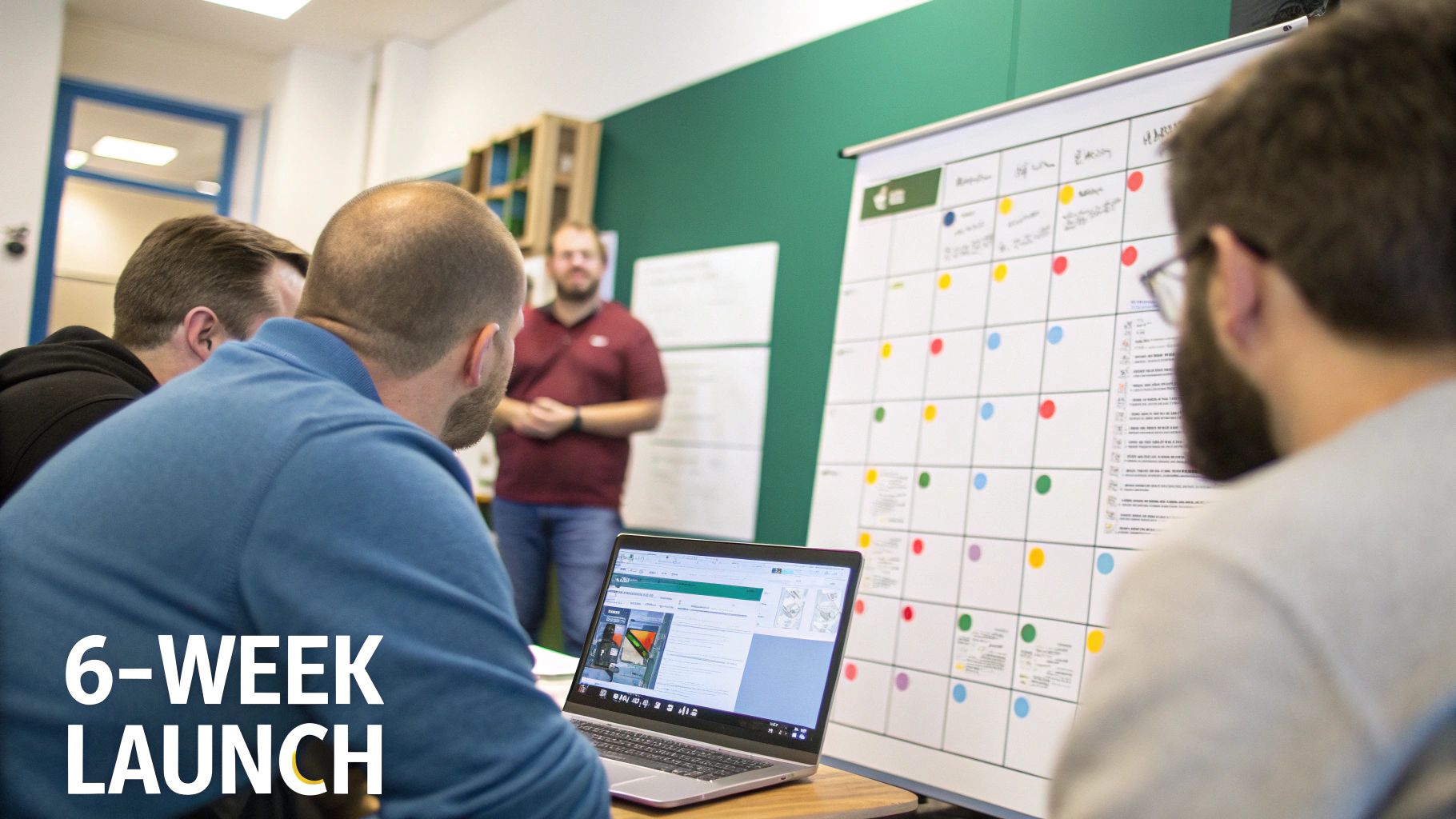 Business team meeting, planning a 6-week launch using a laptop and a visual calendar on a whiteboard.