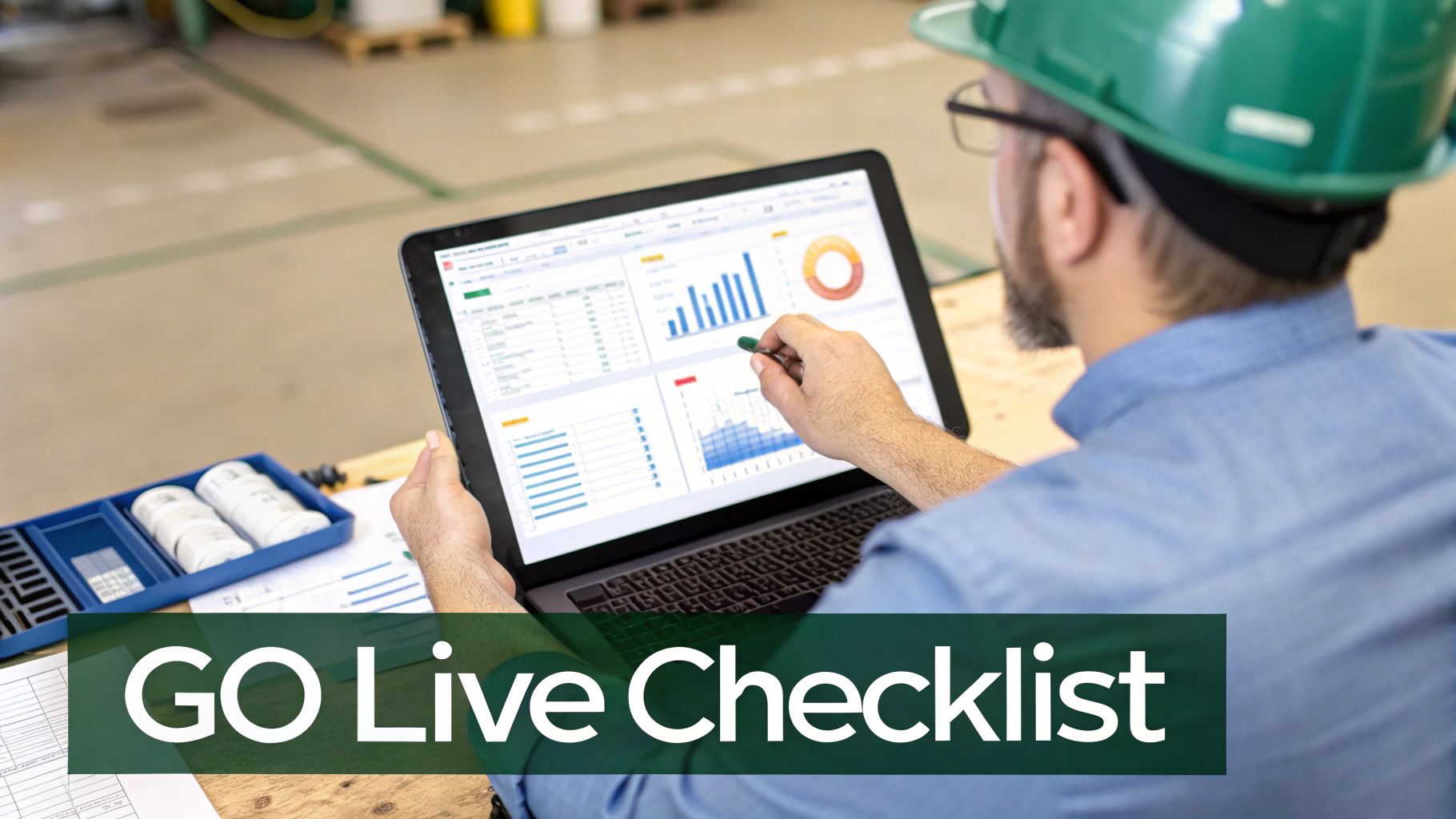 Construction worker in a hard hat analyzing charts and data on a laptop screen with a stylus.
