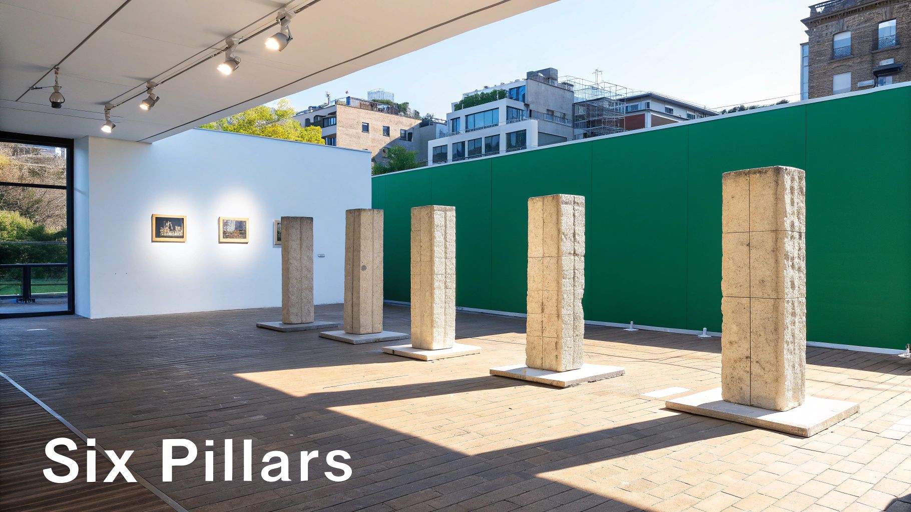 Six textured stone pillars are arranged on a paved floor in an outdoor art exhibition area.