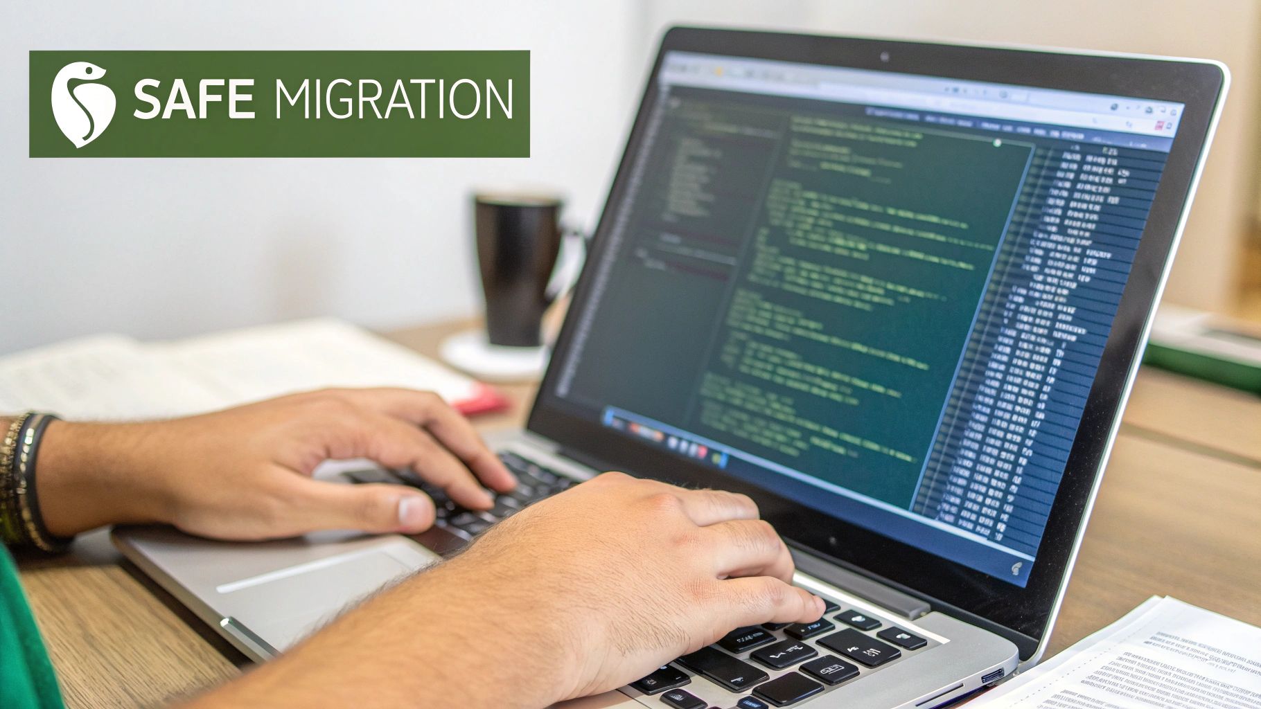 A person works on a laptop displaying programming code, with a 'SAFE MIGRATION' banner.