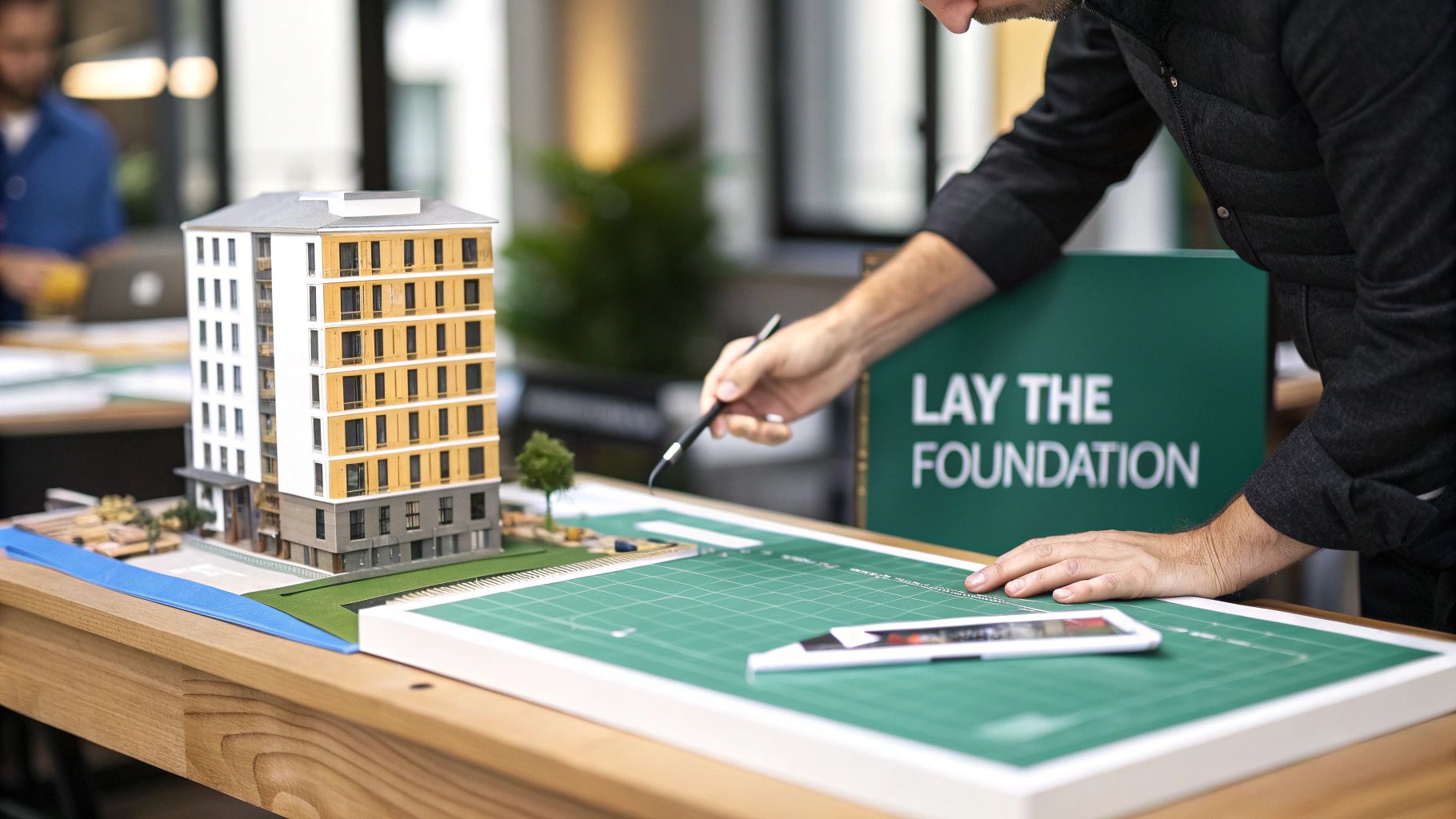 An architect points to a detailed model of a multi-story building and its surroundings, planning development.