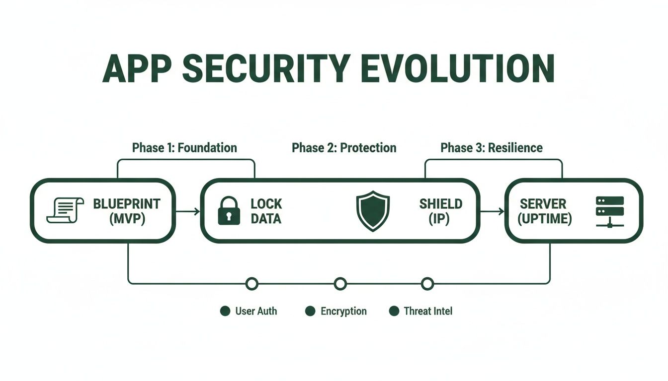 Diagram illustrating the evolution of app security across three phases: Foundation, Protection, and Resilience.