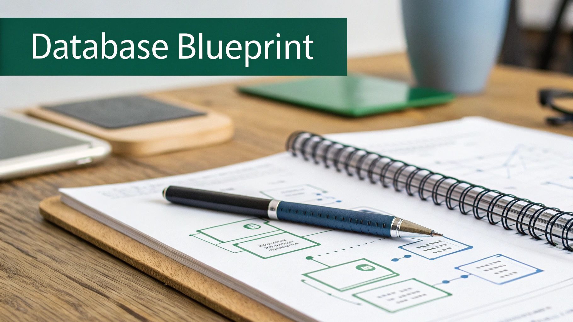 A 'Database Blueprint' banner above a desk with a pen, notebook displaying diagrams, and smartphone.