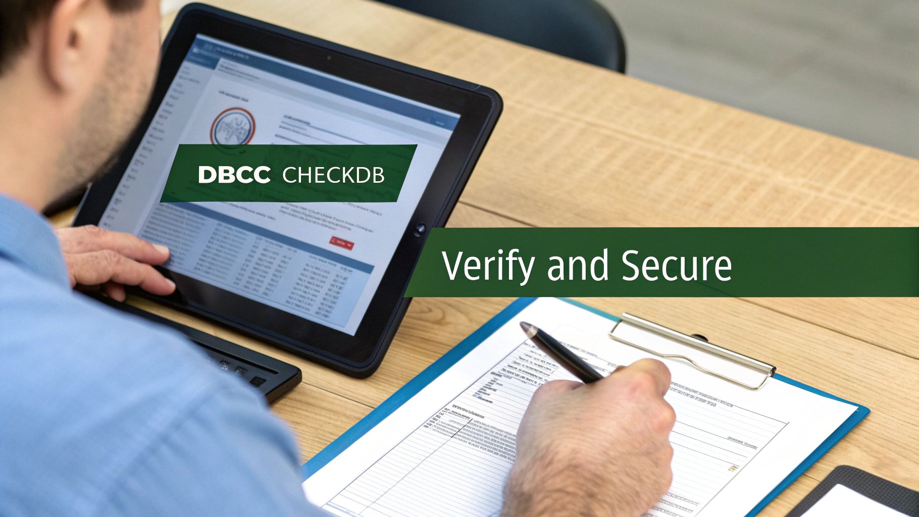 A person monitors DBCC CHECKDB on a tablet while another verifies documents, emphasizing database security and verification.