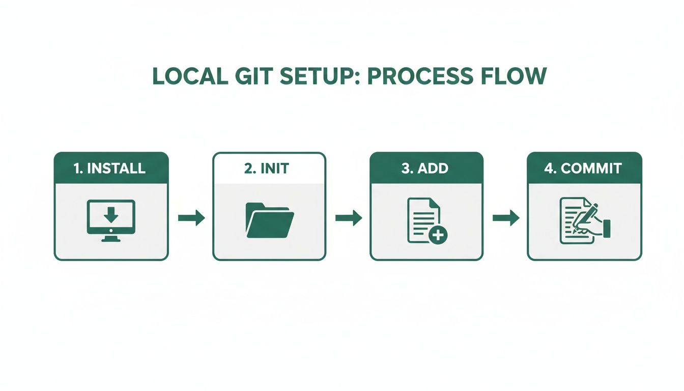 Process flow for local Git setup, detailing steps: install, initialize, add files, and commit changes.