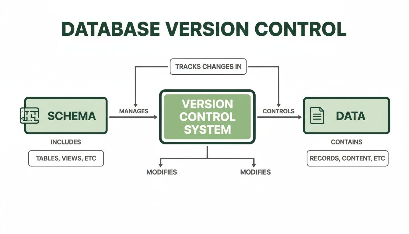 Flowchart illustrating database version control, showing how a version control system manages schema and data.