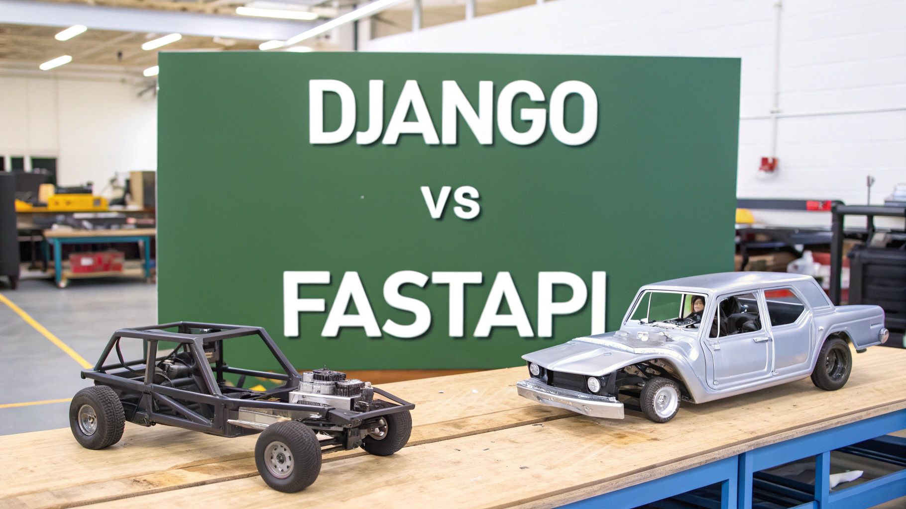 Two model cars, a black buggy and a silver sedan, displayed on a wooden table with a 'DJANGO vs FASTAPI' sign in the background.