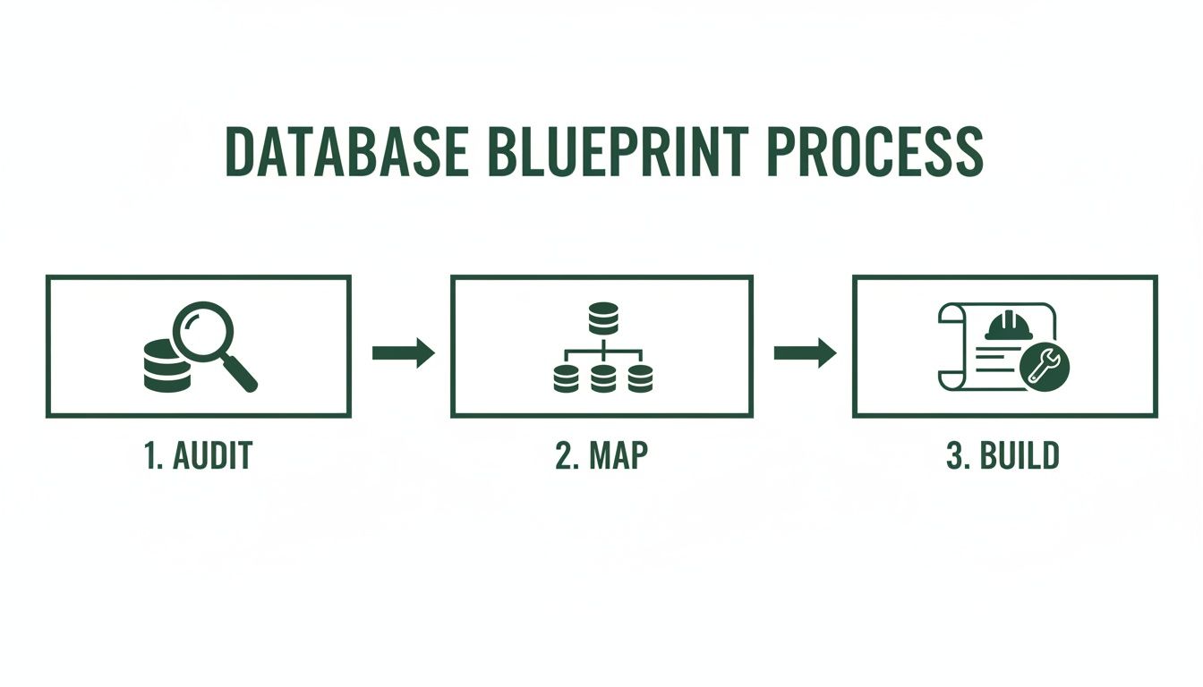 A three-step diagram outlining the database blueprint process: Audit, Map, and Build.