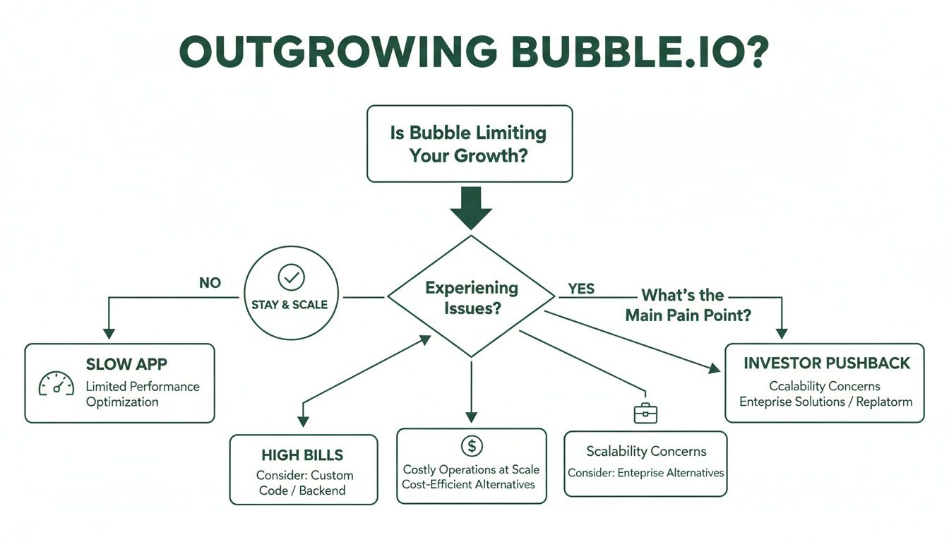 Flowchart guiding users through identifying and addressing Bubble.io growth limitations, offering solutions for performance, cost, and scalability.