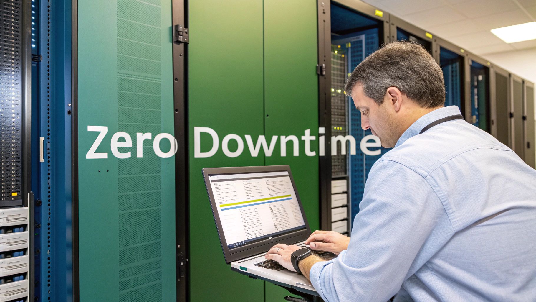 IT engineer works on a laptop in a data center with "Zero Downtime" servers.