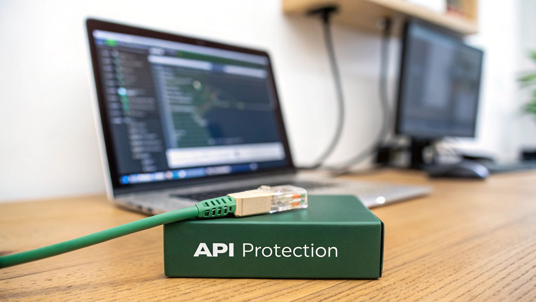 Ethernet cable plugged into an 'API Protection' device on a desk with a laptop displaying code.