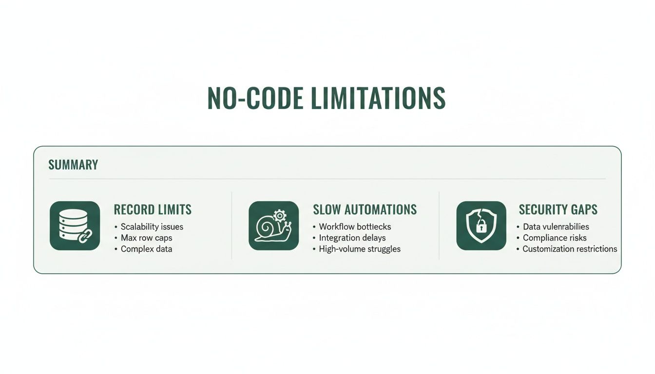 A diagram titled 'NO-CODE LIMITATIONS' summarizing record limits, slow automations, and security gaps.