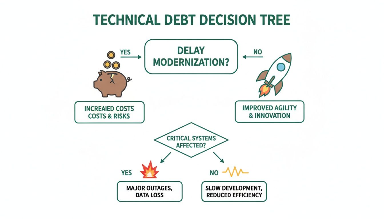 Decision tree illustrating the consequences of delaying modernization and managing technical debt.