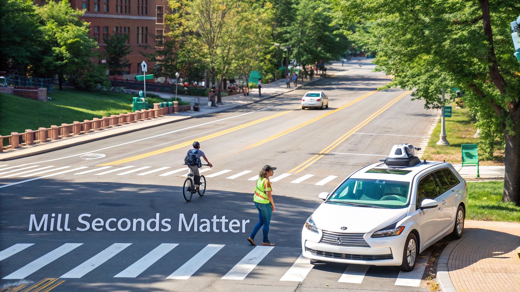 An autonomous white car with roof sensors at a crosswalk, a pedestrian and a cyclist on a city street.
