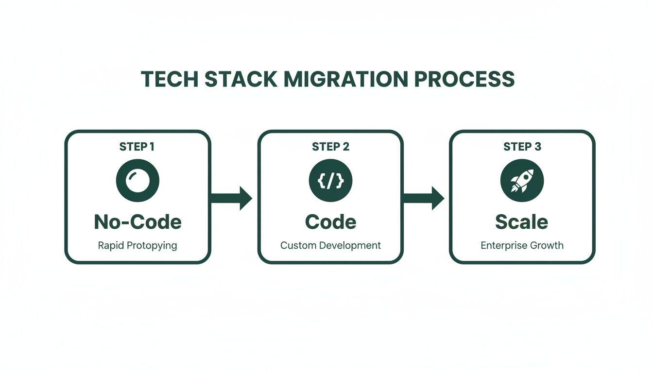 A three-step tech stack migration process diagram: No-Code, Code, and Scale with descriptions.