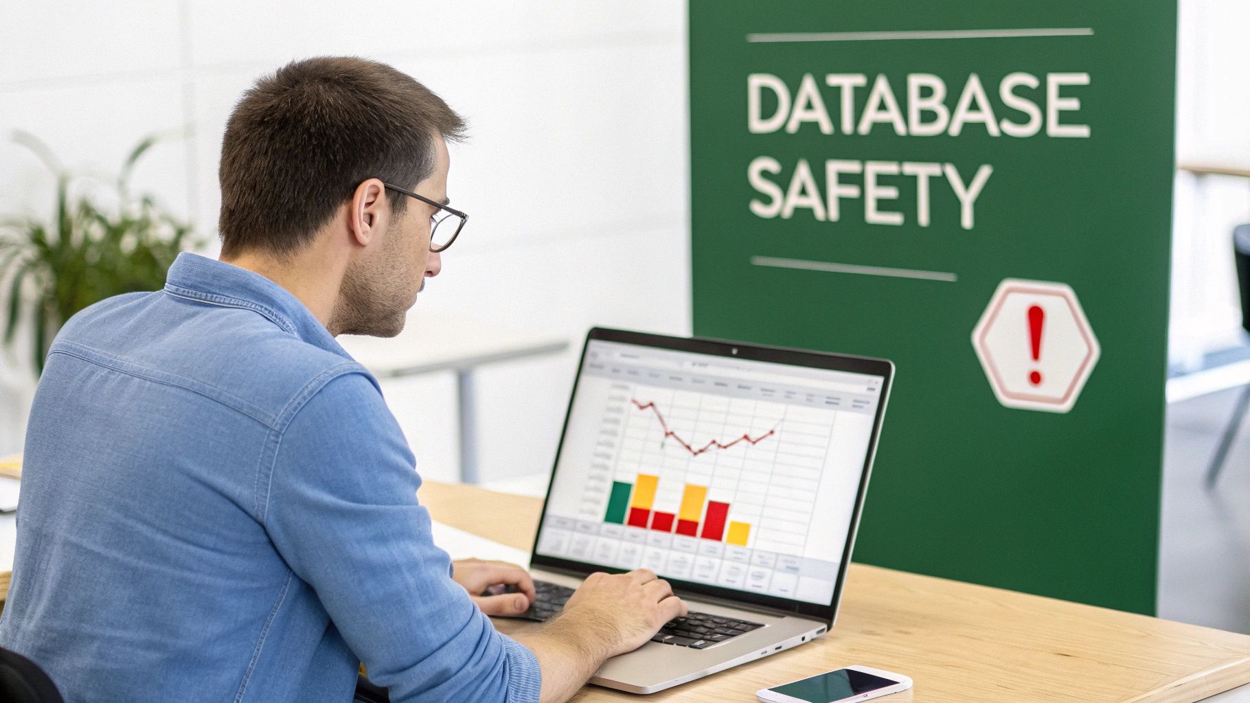 Man analyzing data on a laptop, with a prominent 'DATABASE SAFETY' sign in the background.