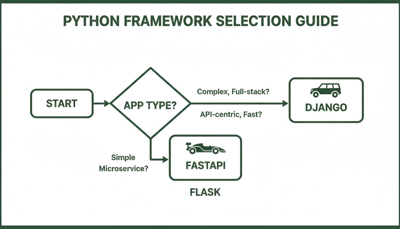 Flowchart for Python framework selection, guiding users to Django, FastAPI, or Flask based on application type.