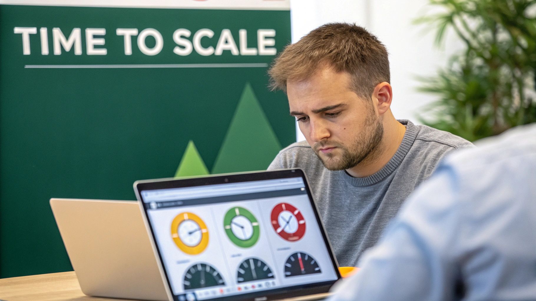 A man intently reviews data visualizations on a laptop, with 'TIME TO SCALE' banner in background.