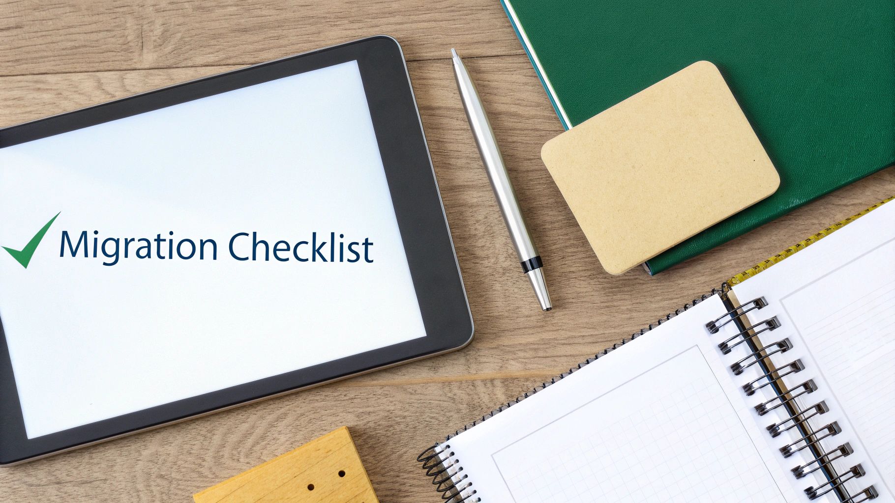A tablet displaying a 'Migration Checklist' with a green checkmark, surrounded by work supplies on a wooden desk.