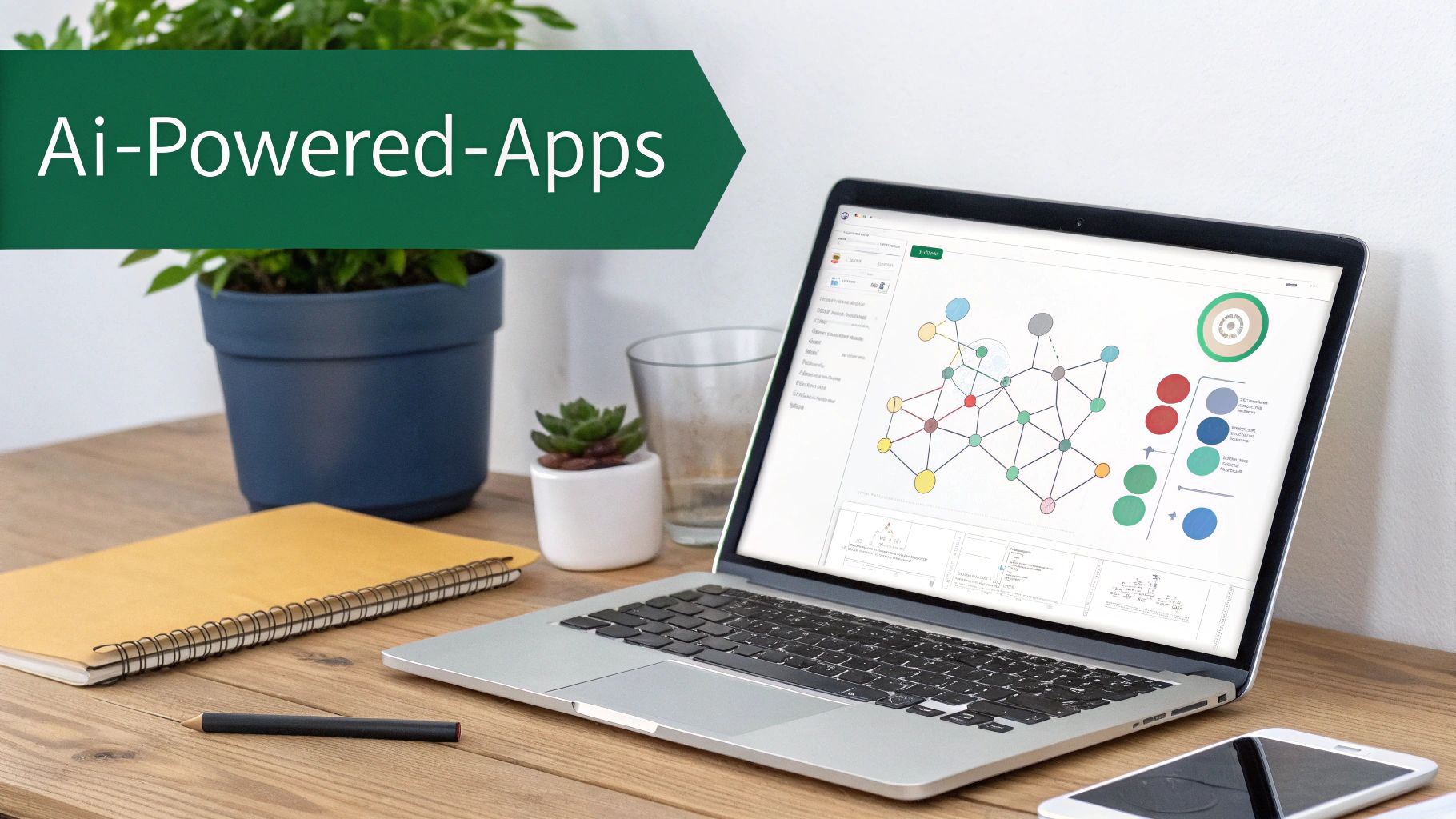 A laptop on a wooden desk displays a graph and charts for AI-powered applications, with office supplies nearby.