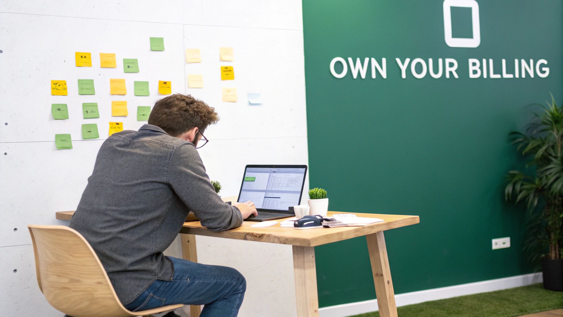 A man working on his laptop at an office desk, with sticky notes and an 'Own Your Billing' sign.