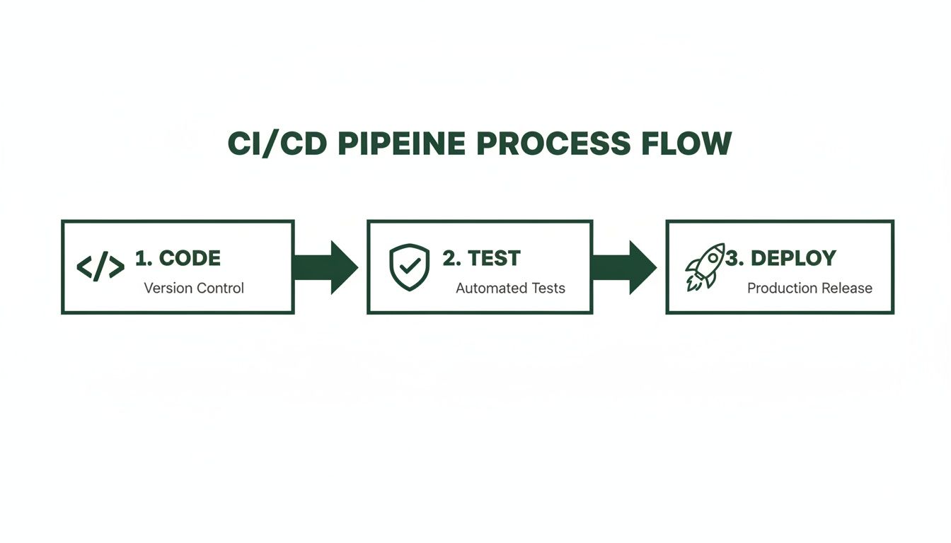 A clear CI/CD pipeline process flow diagram illustrating code, test, and deploy stages.