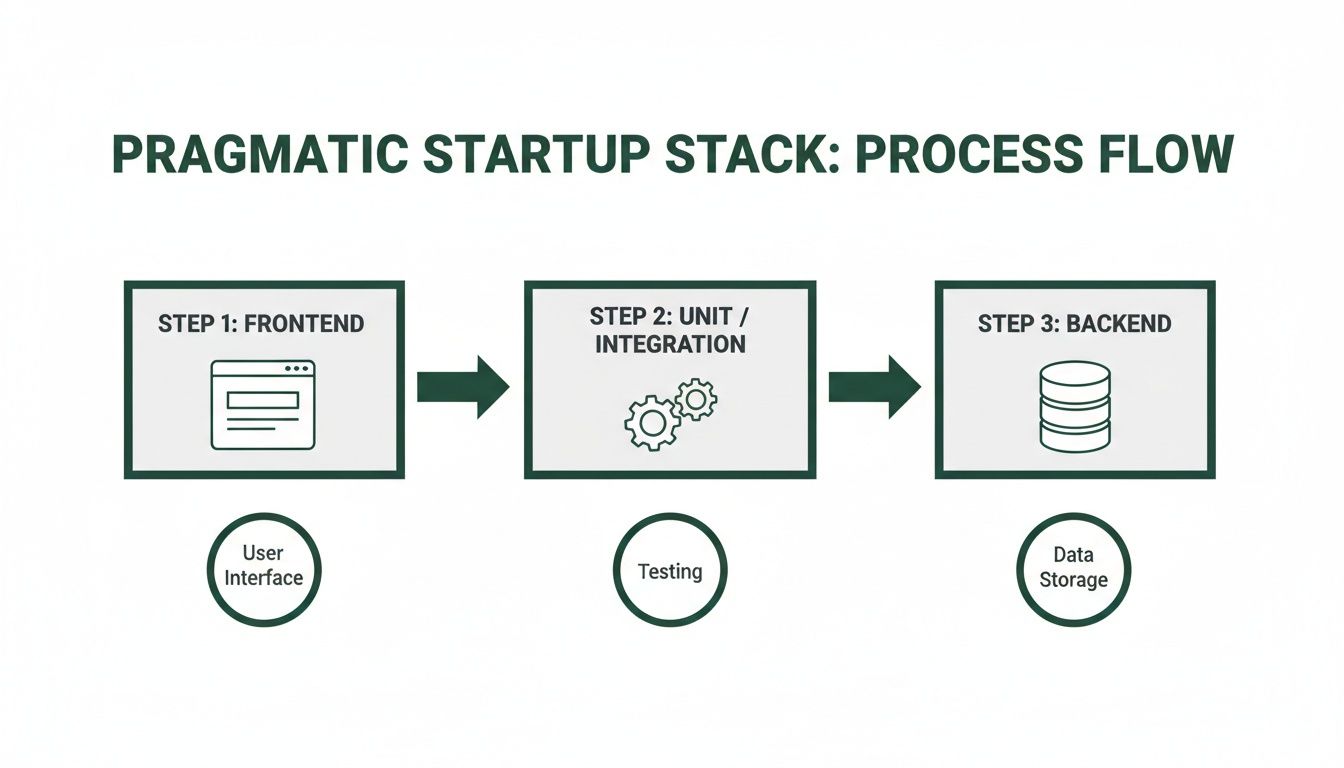 Process flow diagram illustrating a pragmatic startup stack with frontend, unit/integration, and backend steps.