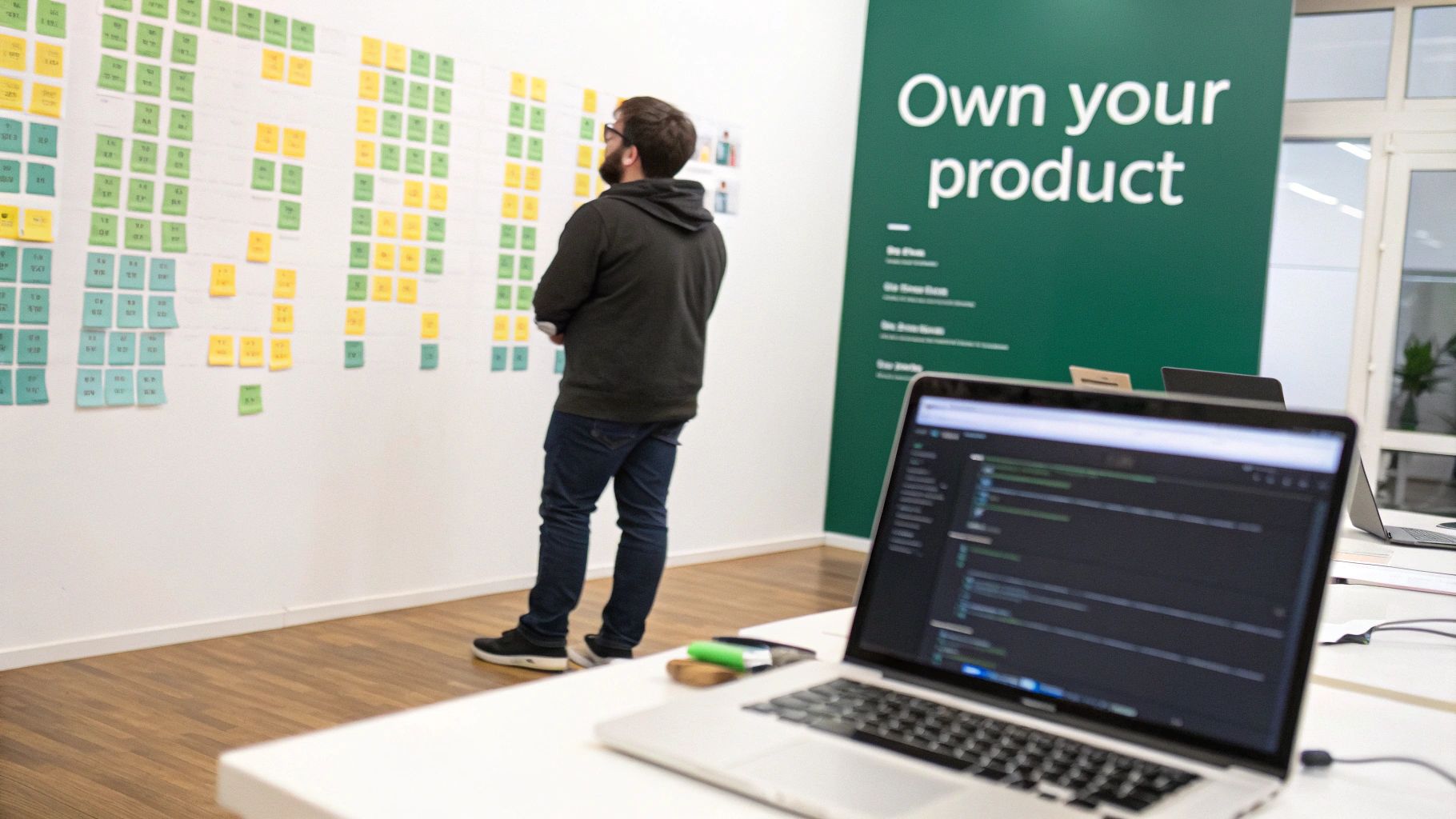 A man stands observing a wall of sticky notes next to a large green 'Own your product' sign.