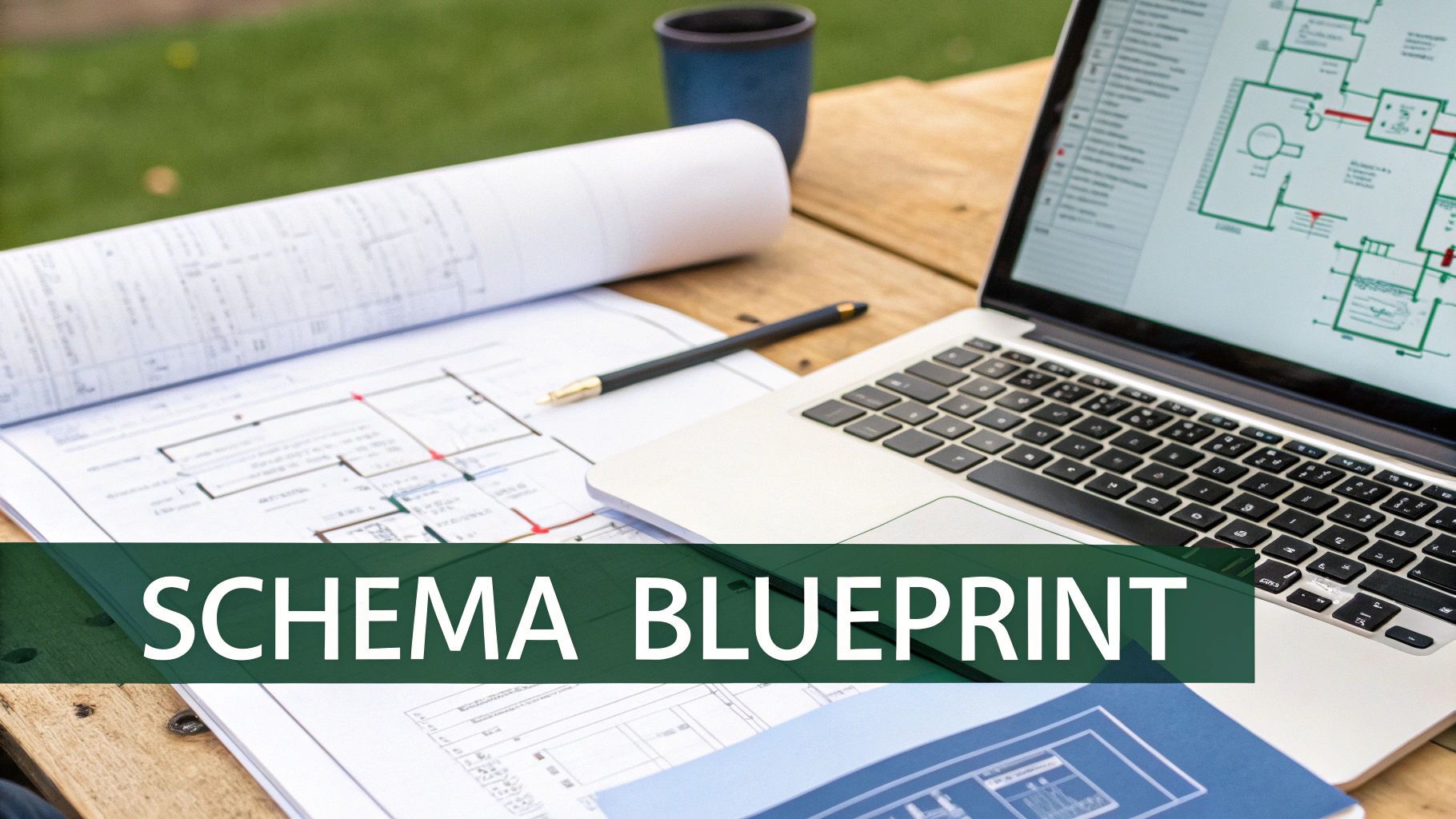 Architectural plans, a laptop with a floor plan, pen, and cup on a wooden table, with 'SCHEMA BLUEPRINT' text.