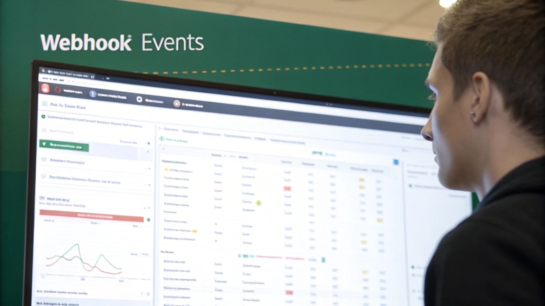 Side view of a person intently looking at a monitor displaying 'Webhook Events' data.