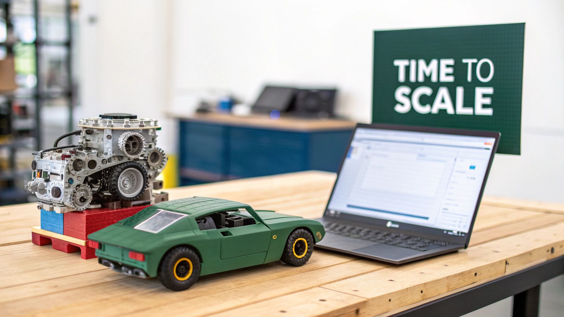 A green model car, a complex mechanical model, and a laptop on a wooden desk with a 'TIME TO SCALE' sign.