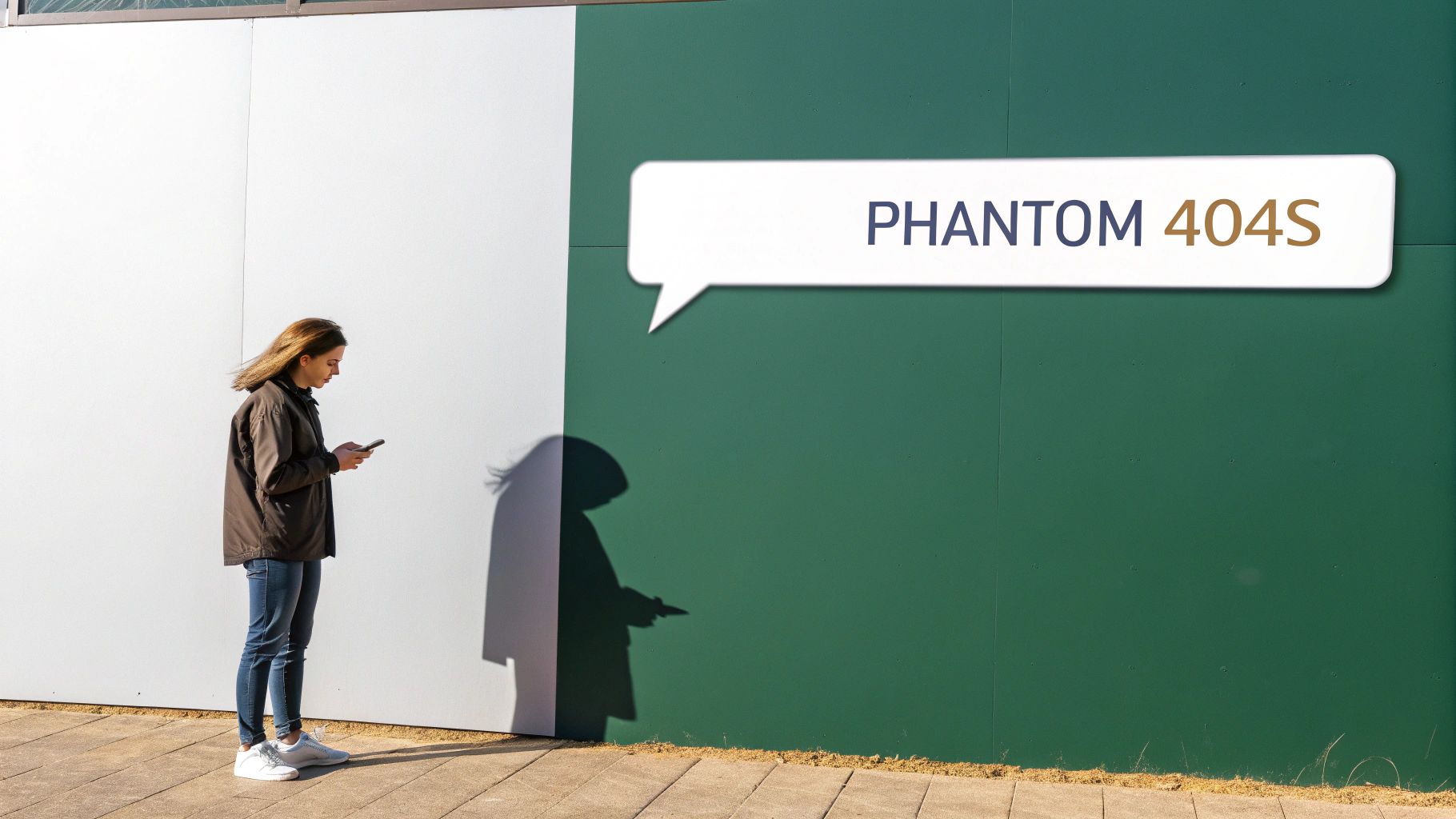 Woman checking phone by a two-tone wall, a speech bubble reads 'PHANTOM 404S'.