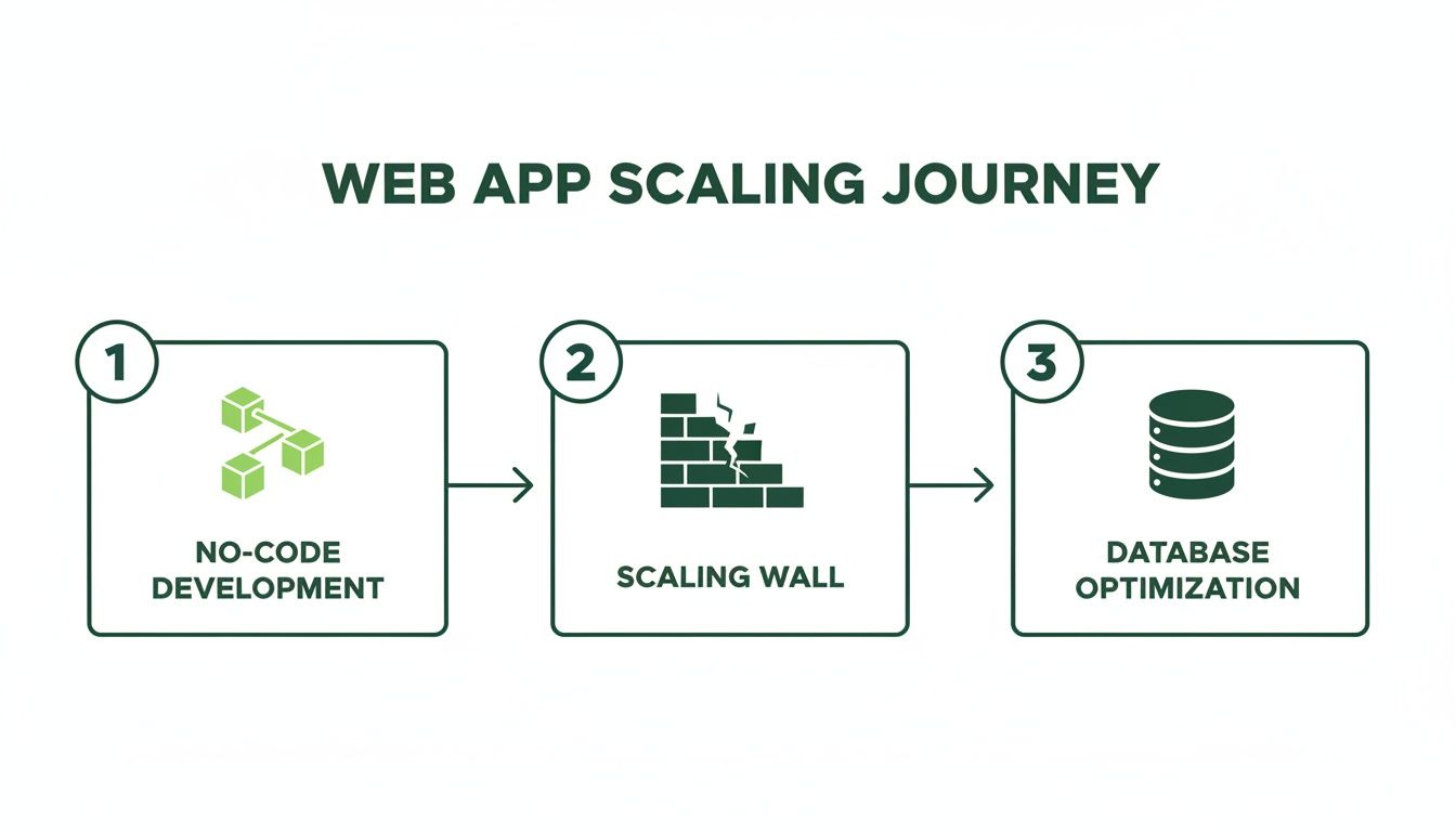 A diagram outlining the web app scaling journey with steps: No-Code Development, Scaling Wall, and Database Optimization.