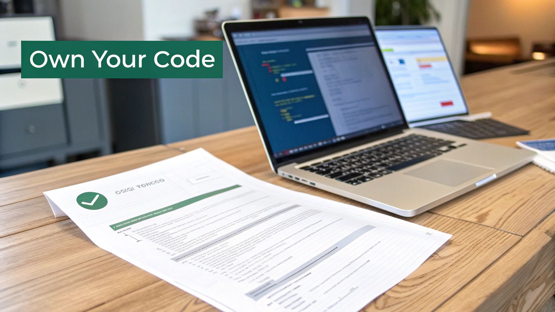 A programmer's workspace with a laptop displaying code and a document, featuring 'Own Your Code' banner.