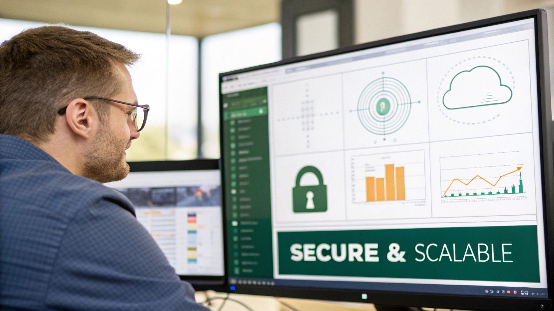 A man in glasses focuses on a computer monitor displaying a secure and scalable dashboard.