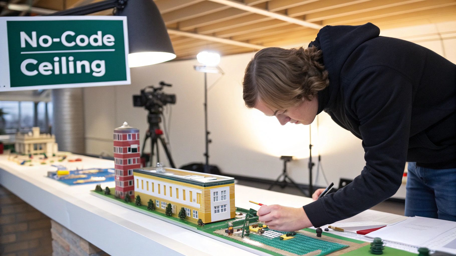 A person meticulously works on a miniature architectural model with green fields, buildings, and a red tower, while a "No-Code Ceiling" sign hangs above.