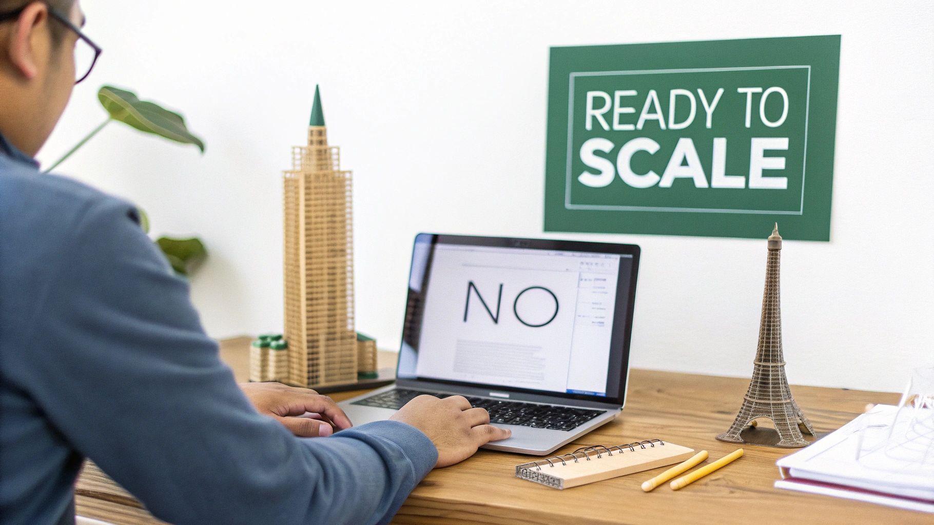 A person works on a laptop displaying 'NO', with architectural models and a 'READY TO SCALE' sign.