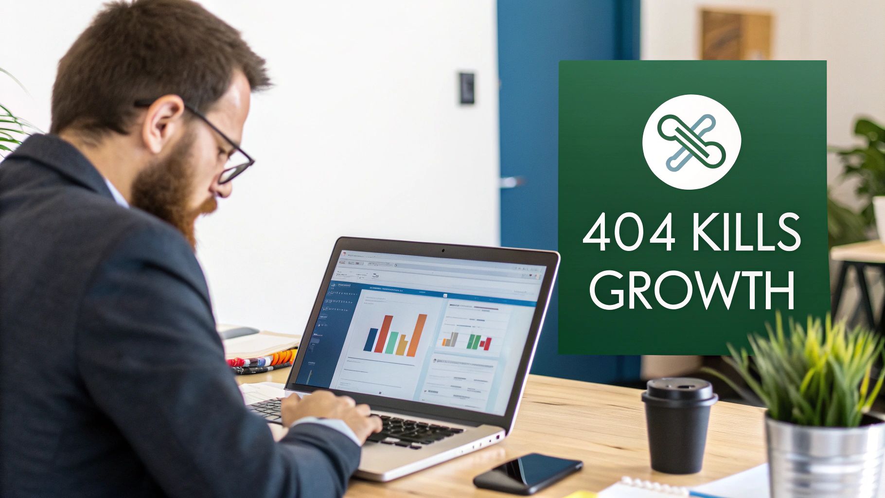 A professional man works on a laptop displaying charts, next to a '404 KILLS GROWTH' graphic.