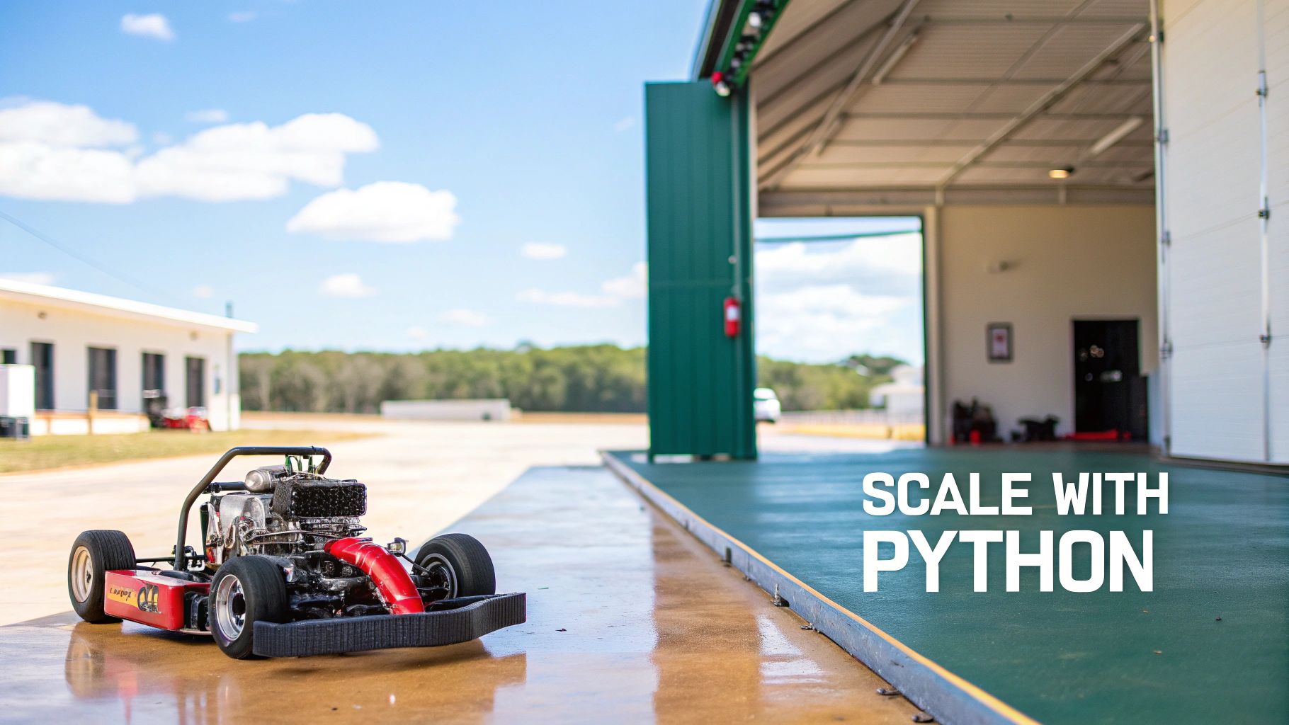 A red go-kart with a prominent engine is parked outside a large garage, with text "SCALE WITH PYTHON" overlaid.