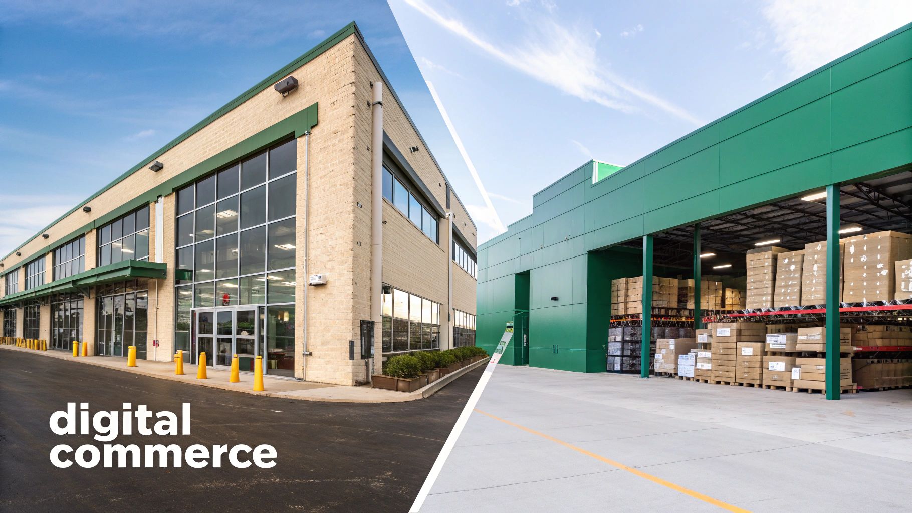 A modern commercial building and a warehouse filled with boxed goods, representing digital commerce operations.