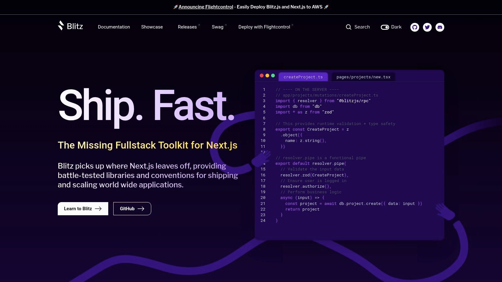 Blitz.js homepage highlighting its full-stack capabilities and rapid development features.