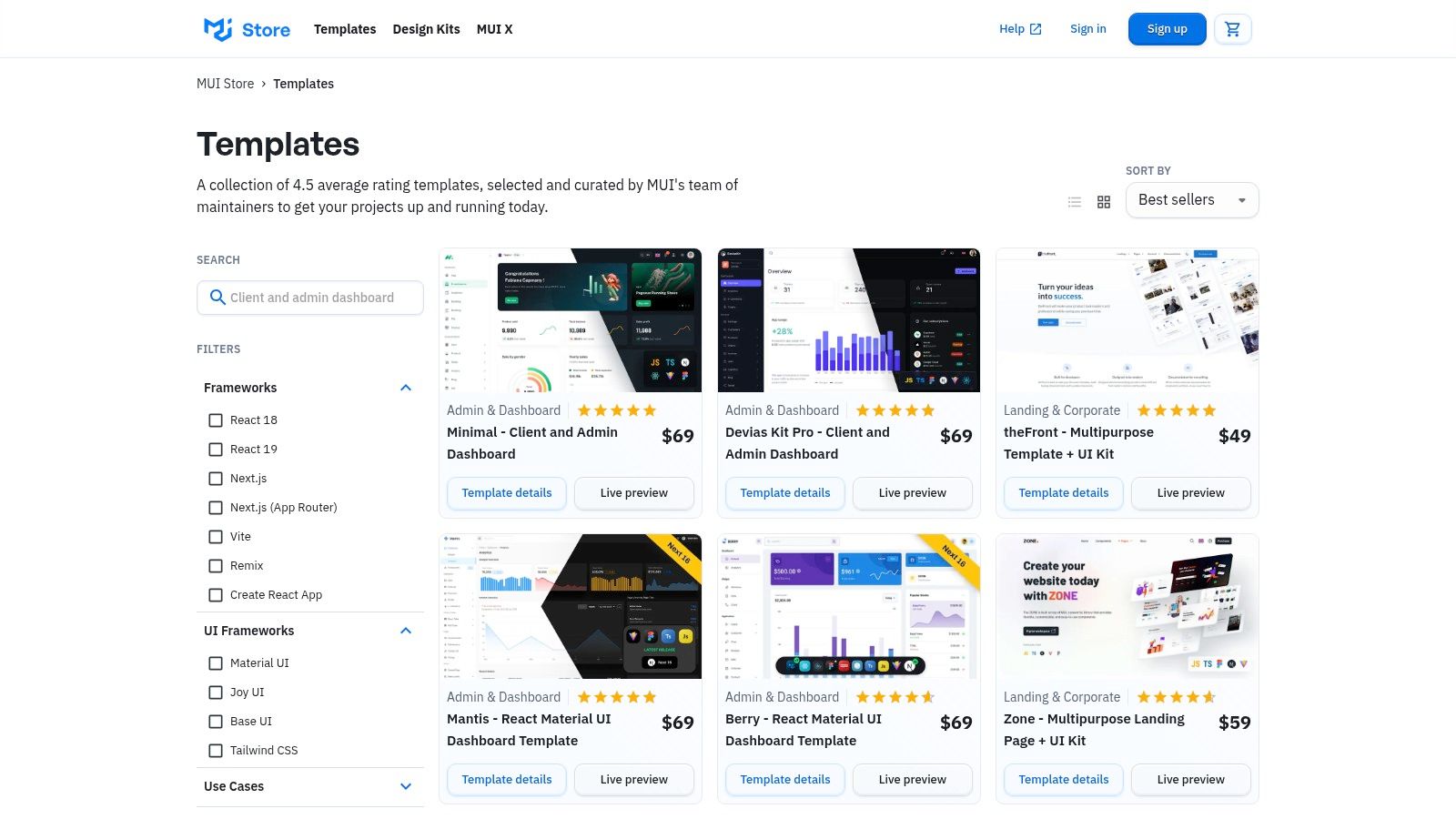 MUI Store (React templates curated by the MUI team)