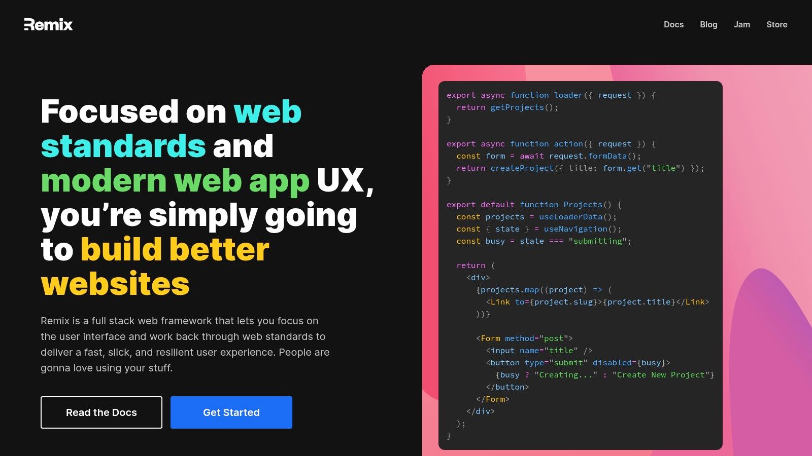 Remix homepage highlighting its focus on web standards and fast user experiences.