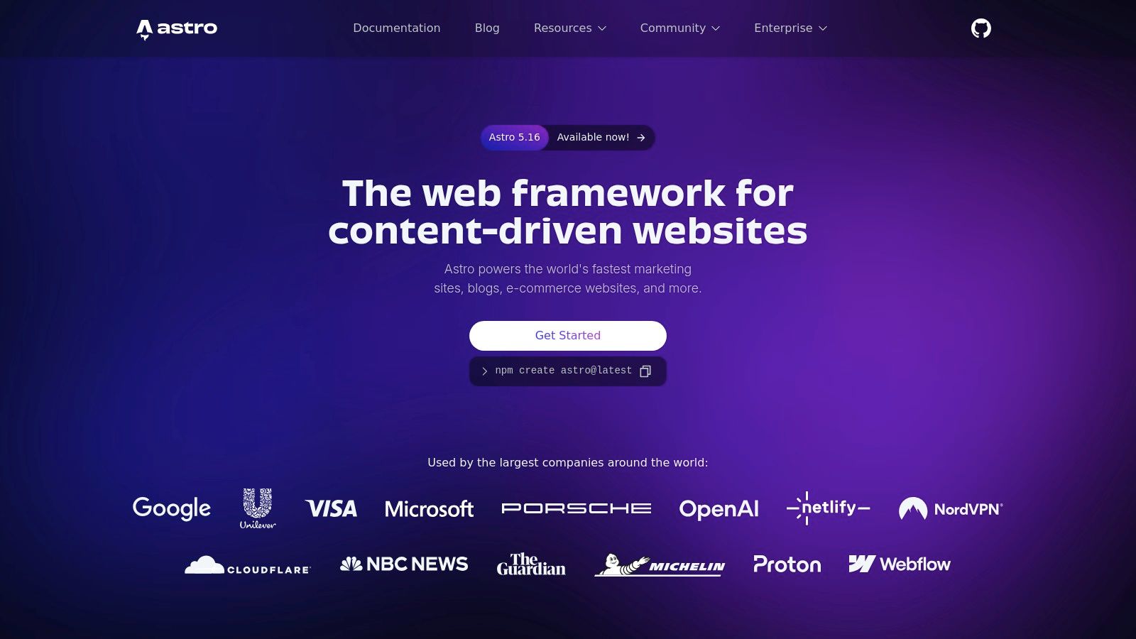Astro's website highlighting its content-first approach and performance benefits.