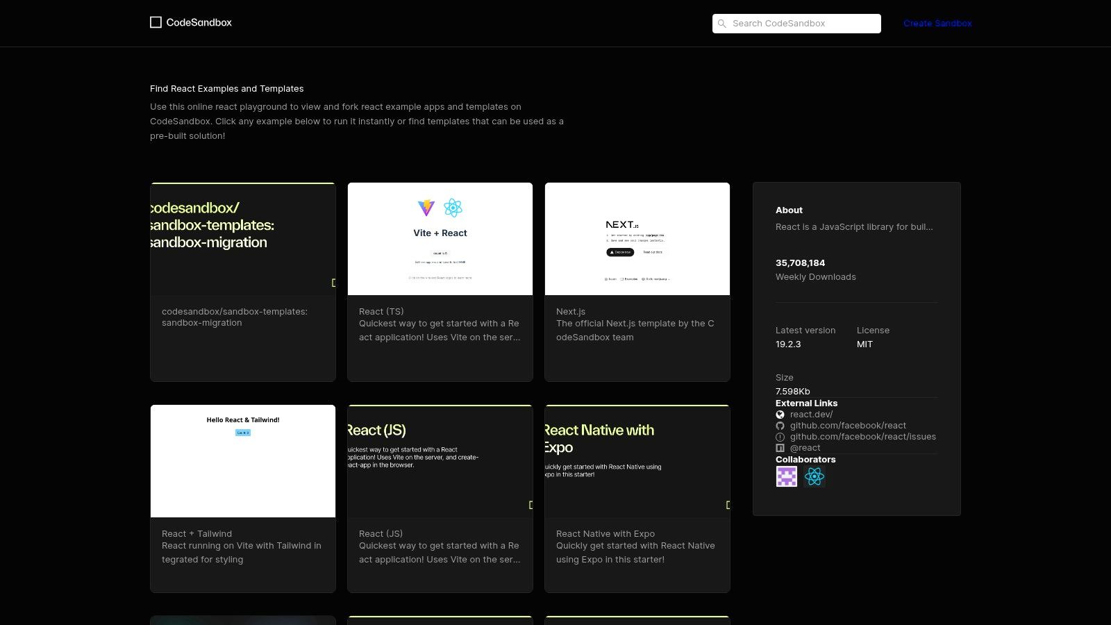 CodeSandbox (React examples directory and forkable templates)