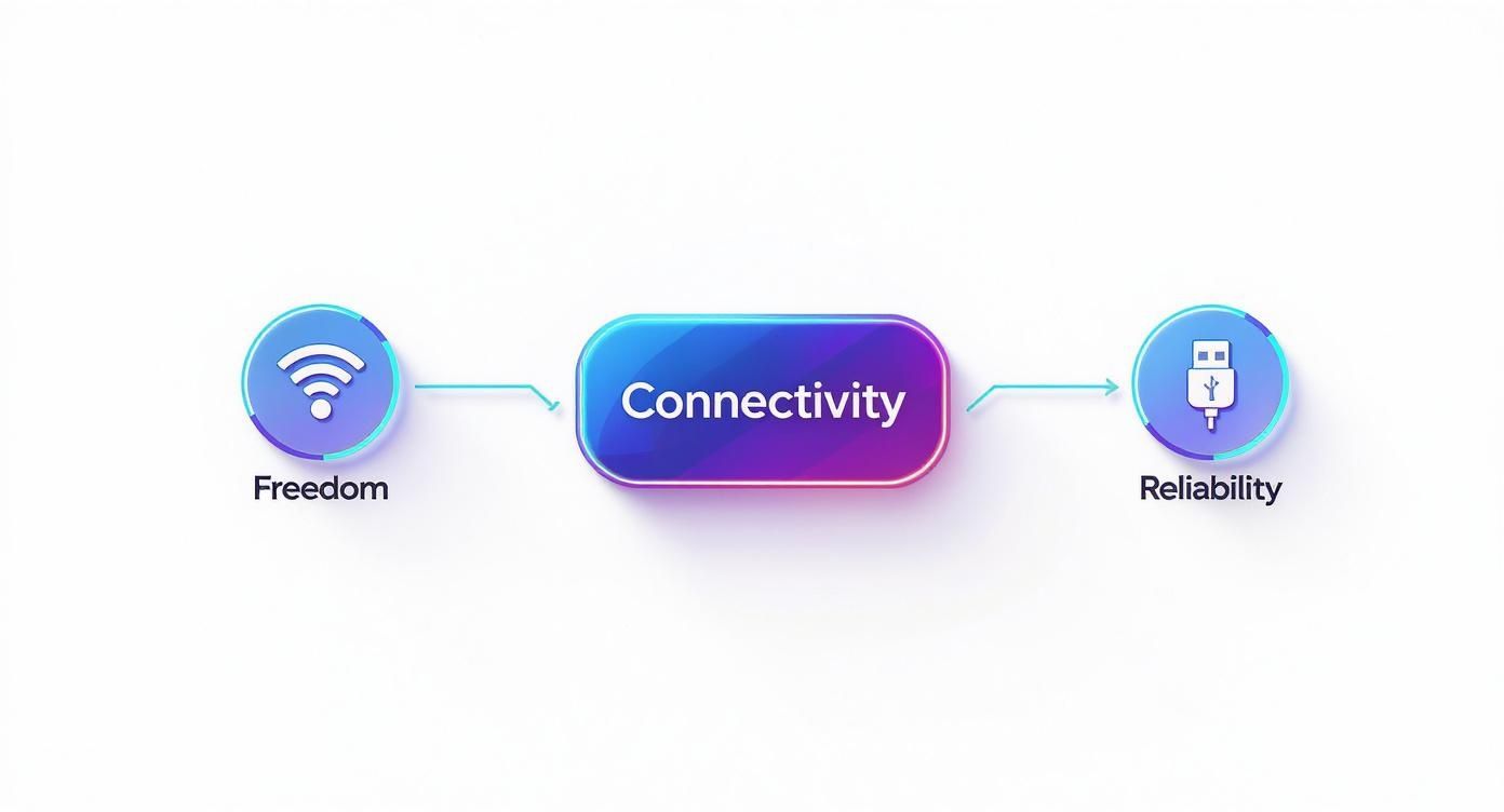 Connectivity diagram showing Freedom wireless icon and Reliability USB icon connected with arrows on gradient background