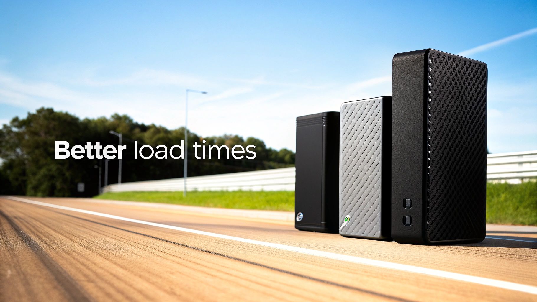 Three external hard drive storage devices displayed on wooden surface with highway background