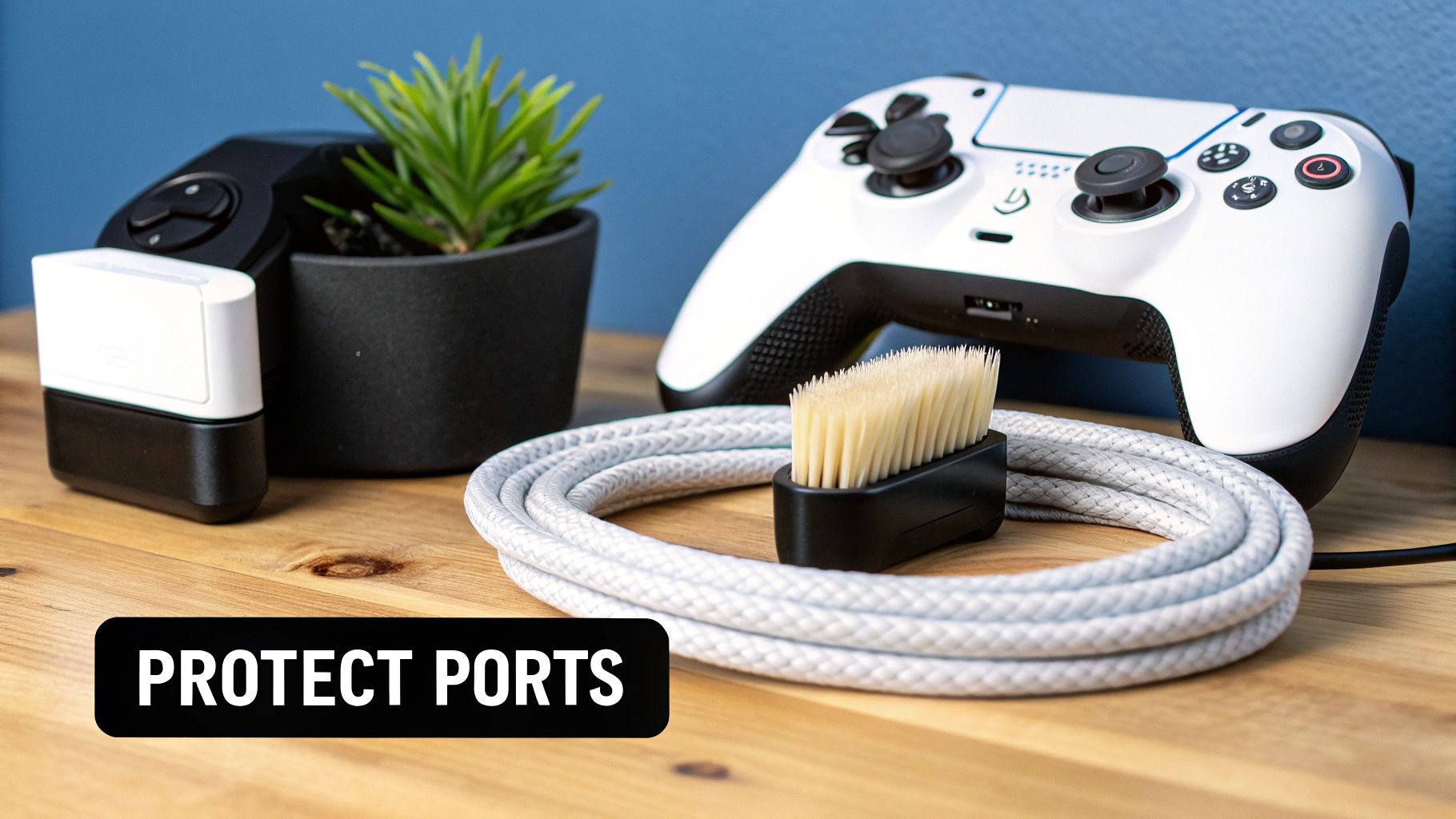 A close-up of a PS5 DualSense controller with a soft, focused background.