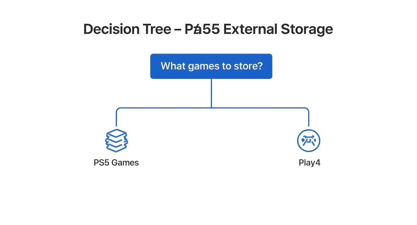Decision tree diagram showing PS5 external storage options for PS5 games and Play4 games